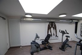 Ein modernes Fitnessstudio mit zwei Trainingsgeräten und einem beeindruckenden Wandbild eines athletischen Läufers.