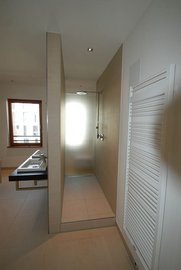 In diesem Badezimmer sind eine schicke Dusche, ein modernes Waschbecken und ein Heizkörper zu sehen, alles in neutralen Farbtönen.