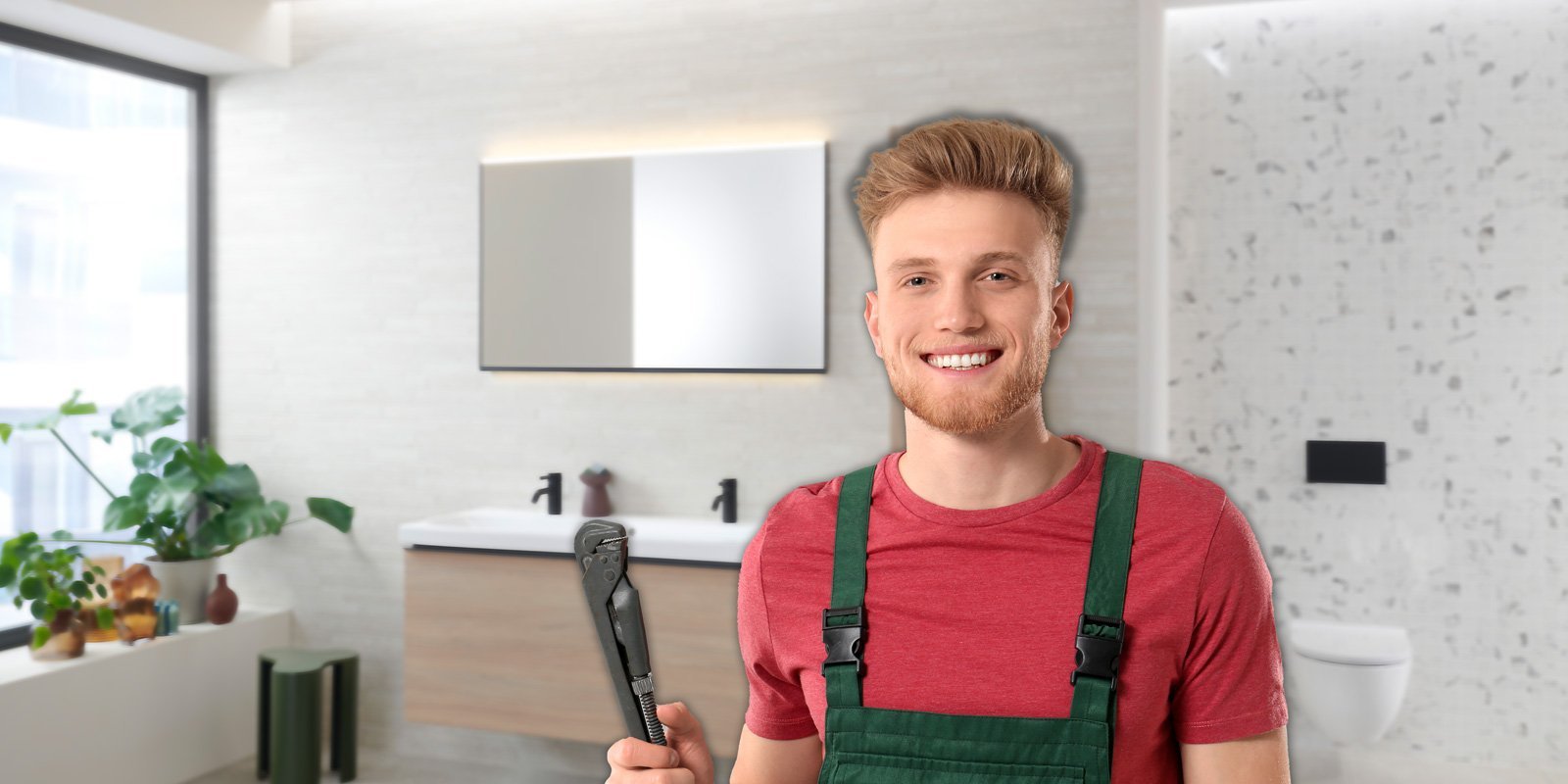 Ein junger Handwerker mit einem Lächeln hält eine Rohrzange in einem modernen Badezimmer mit Pflanzen im Hintergrund. 