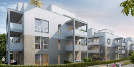 Die Architektur der Wohnanlage kombiniert moderne Elemente mit natürlichen Materialien, ideal für städtisches Wohnen.