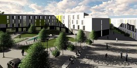 Eine grüne Oase in der Stadt, wo Menschen auf Bänken sitzen und sich unterhalten, umgeben von neu gestalteten Wohnhäusern.