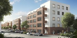 Eine Straße mit neuen Wohnanlagen, die eine harmonische Mischung aus Ziegel und Weiß zeigen, während Passanten vorbeigehen.