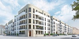 Ein modernes Wohngebäude mit eleganter Fassade und Balkonen, umgeben von einer ruhigen Straße und Bäumen.