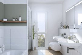 Stilvolles Badezimmer-Design mit zwei Waschbecken, modernen Armaturen und einer klaren, hellen Farbpalette.