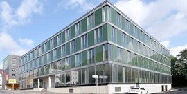 Die Architektur des Gebäudes zeigt eine klare, geometrische Form mit reflektierenden Fenstern und einem minimalistischen Design.