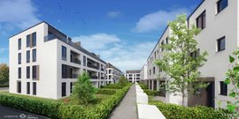 Moderne Wohnanlage mit hellen Fassaden und großen Fenstern, umgeben von gepflegten Grünflächen und Bäumen.