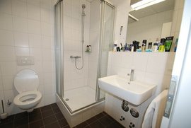 Das Badezimmer ist funktional gestaltet mit einer Duschkabine, einem Waschbecken und einer Toilette, alles in einem sauberen Stil.