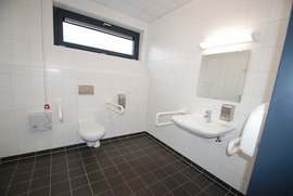 Ein modernes, barrierefreies Badezimmer mit einem WC, einem Waschbecken und Haltegriffen an den Wänden.